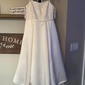 David's Bridal Ivory Sequin Bodice Satin A-Line Girls' Dress